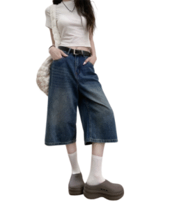 Women's wide-leg cropped jeans Jelly baggy short jeans