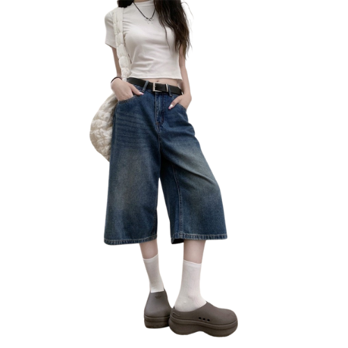 Women's wide-leg cropped jeans Jelly baggy short jeans