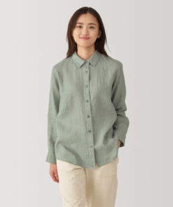 WOMEN'S WASHED LINEN LONG-SLEEVED REGULAR COLLAR SHIRT Women M Light Blue